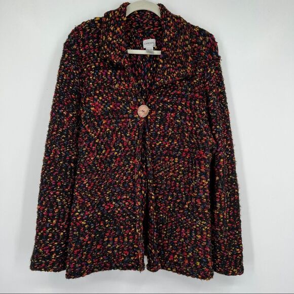 Chico's Rainbow Multicolor Woven Wool-Blend Single Button Knit Cardigan Sweater - Picture 1 of 11